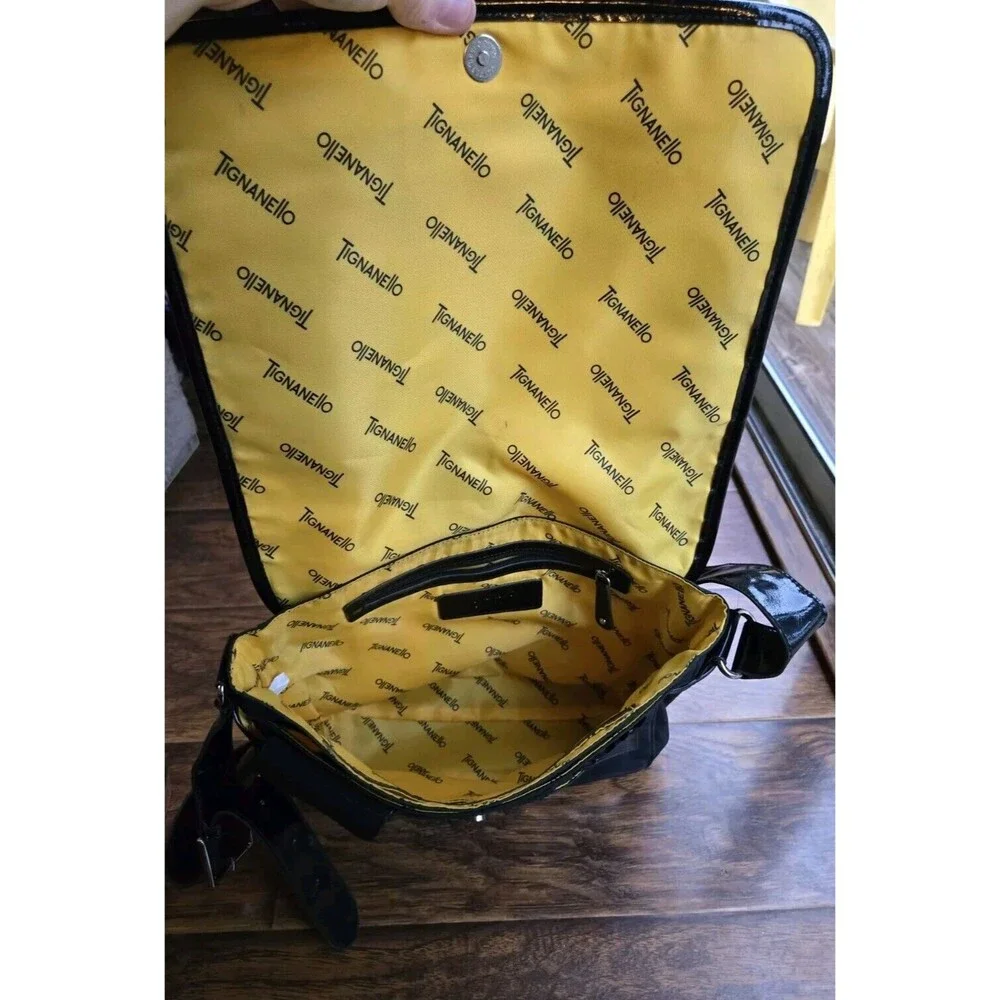 Tignanello Messenger Shoulder Bag Black Yellow Interior Laptop Computer Purse